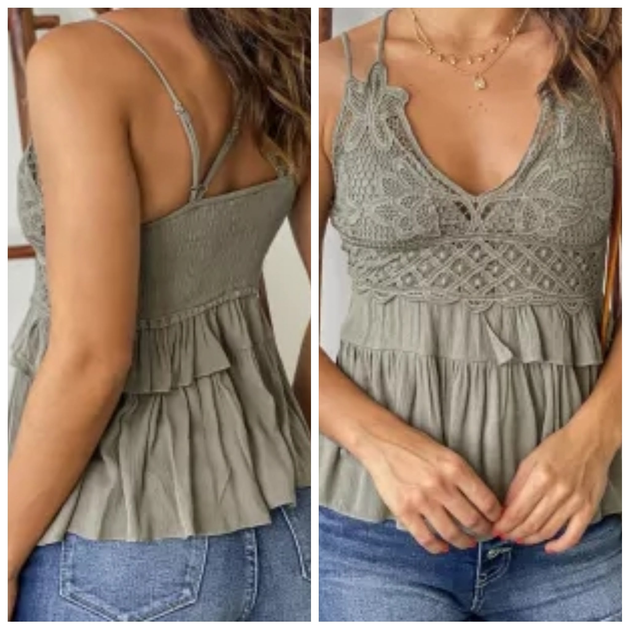 Olive Lace Ruffle Hem Tank