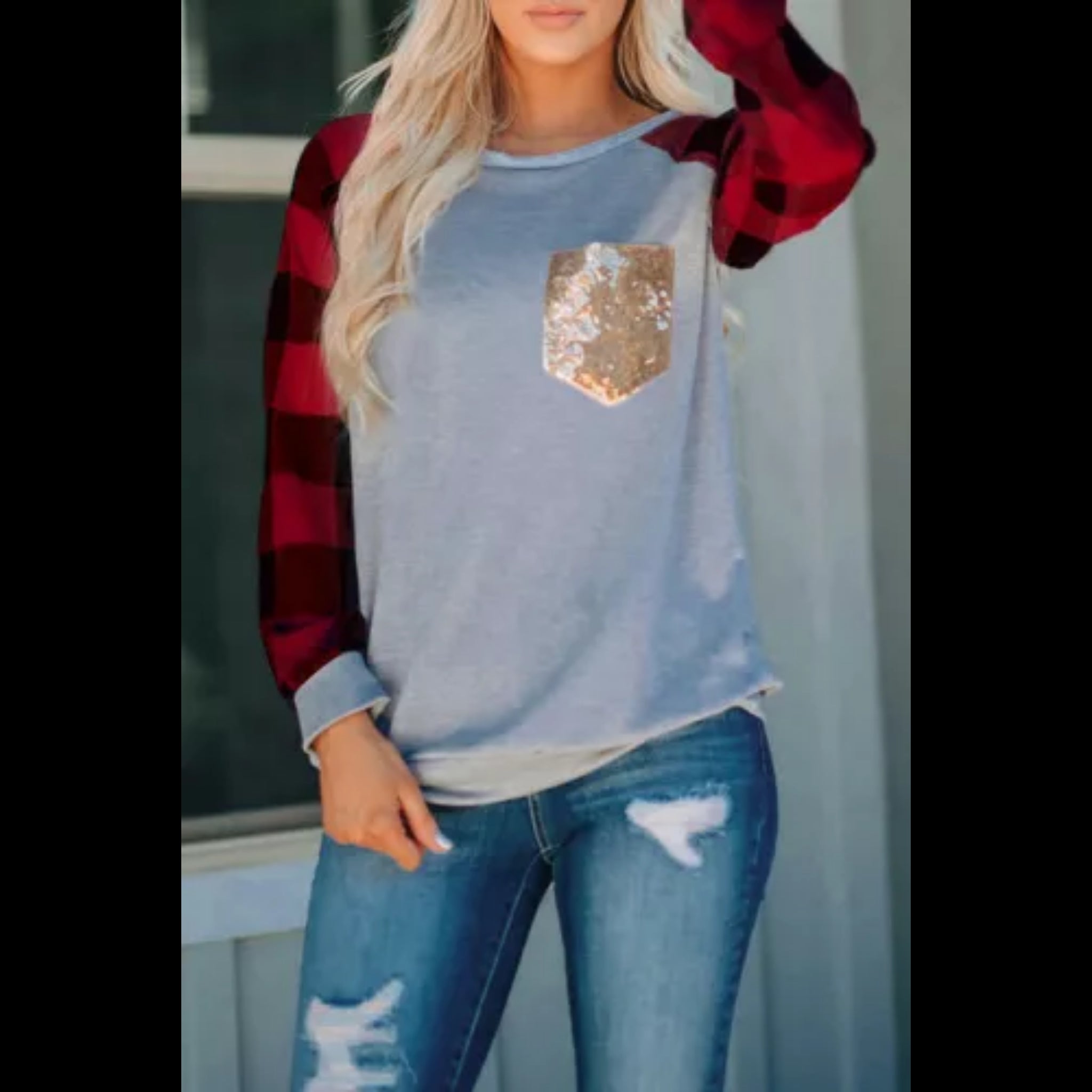 Plaid Sequin Long Sleeve Tee