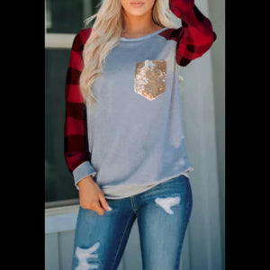 Plaid Sequin Long Sleeve Tee