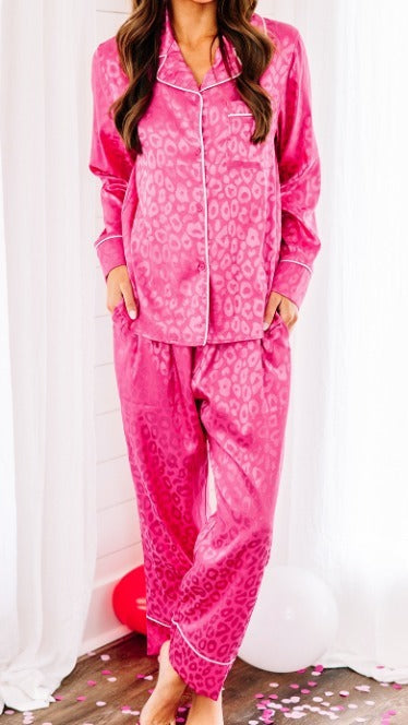 Pink Leopard Satin Two Piece Lounge Set
