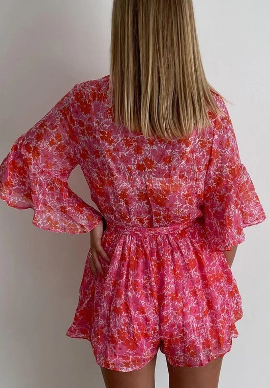 Pink V Neck Floral Romper