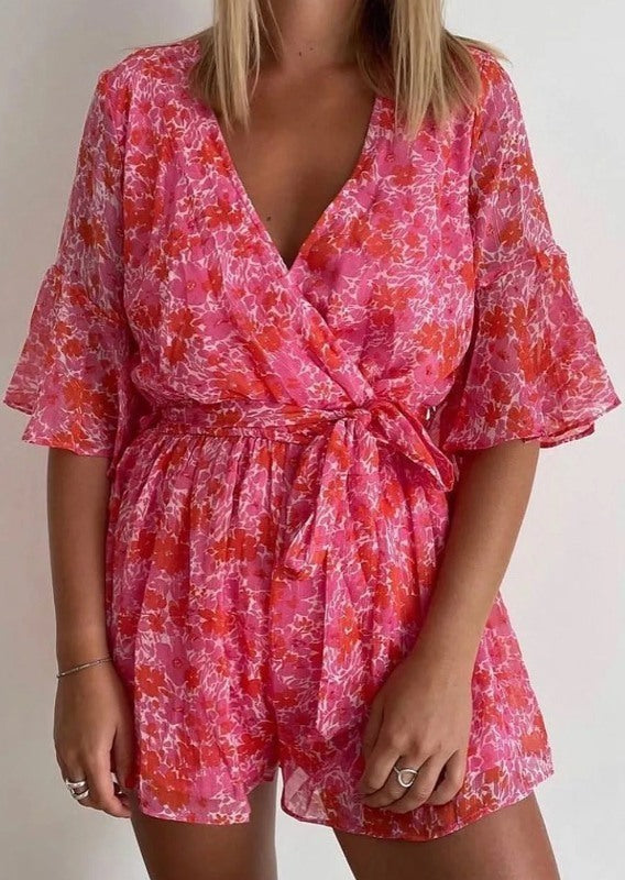 Pink V Neck Floral Romper