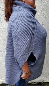 Plus Size Turtle Neck Poncho Sweater - Blue Grey