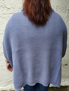 Plus Size Turtle Neck Poncho Sweater - Blue Grey