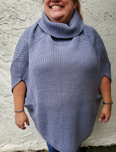 Plus Size Turtle Neck Poncho Sweater - Blue Grey