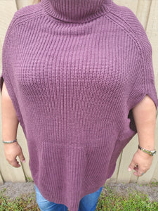 Plus Size Turtle Neck Poncho Sweater - Purple