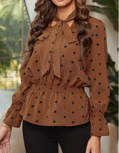 Polka Dot Tie Neck Ruffle Blouse Presale