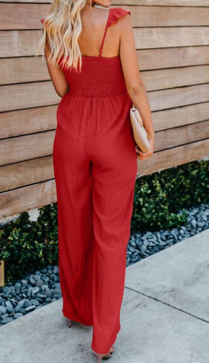 Red Flutter Smocked Jumpsuit
