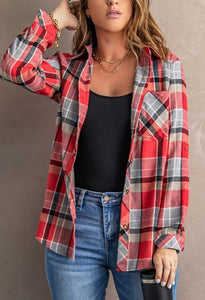 Red Button Up Blouse with Pockets