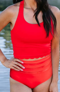 Red Scalloped High Waisted Bikini Set Presale