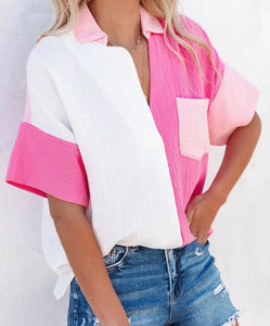 Pink and White Colorblock Crinkle Blouse Presale
