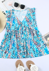 Sky Blue Boho Pattern Flounce Tank Top