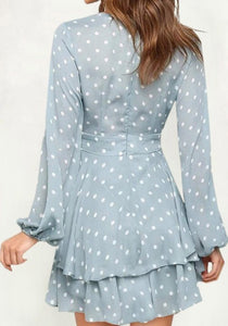 Sky Blue Waist Tie Dotted Dress