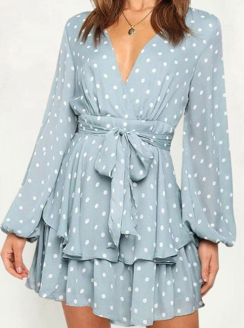 Sky Blue Waist Tie Dotted Dress