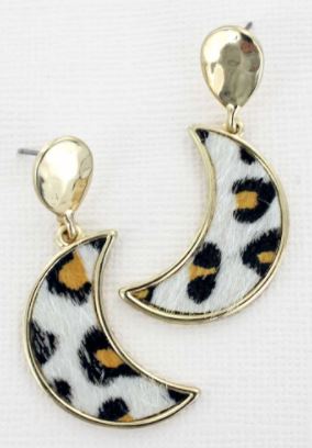 Snow Leopard Crescent Moon Earrings