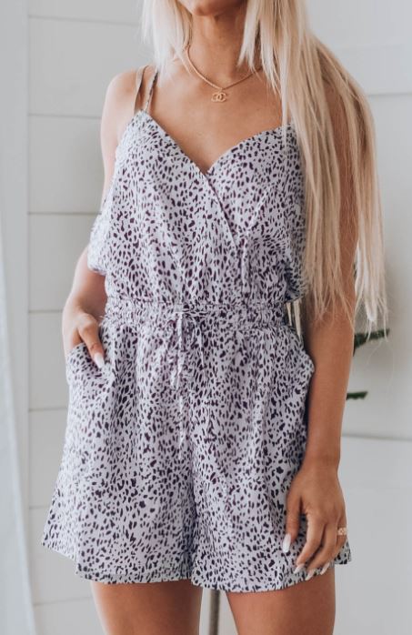 Spaghetti Strap Gray Leopard Romper