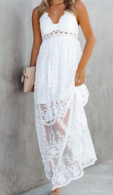 White Lace Criss Cross Maxi Dress