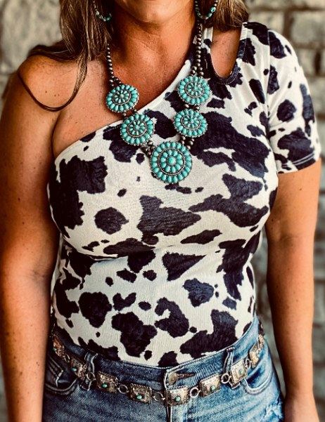 White Cow Print Cut Out One Shoulder Top Presale