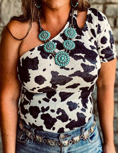 White Cow Print Cut Out One Shoulder Top Presale