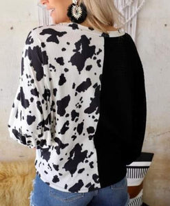 Black Waffle Button Sleeve Cow Print Top