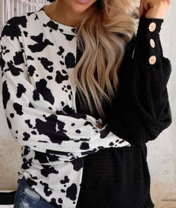 Black Waffle Button Sleeve Cow Print Top