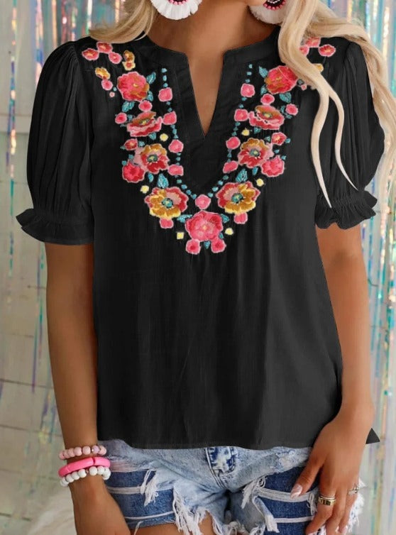 Black Embroidered Puff Sleeve Blouse Presale