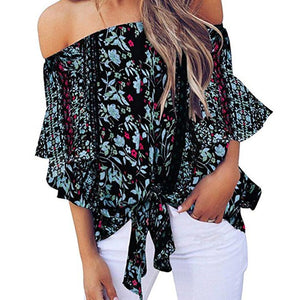 Black Off The Shoulder Floral Chiffon Blouse Presale