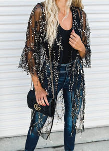 Black Sequin Sheer Long Sleeve Cardi