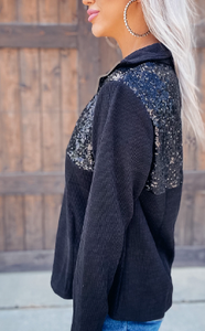 Black Sequin Ribbed Sweatshirt