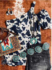 White Cow Print Cut Out One Shoulder Top Presale