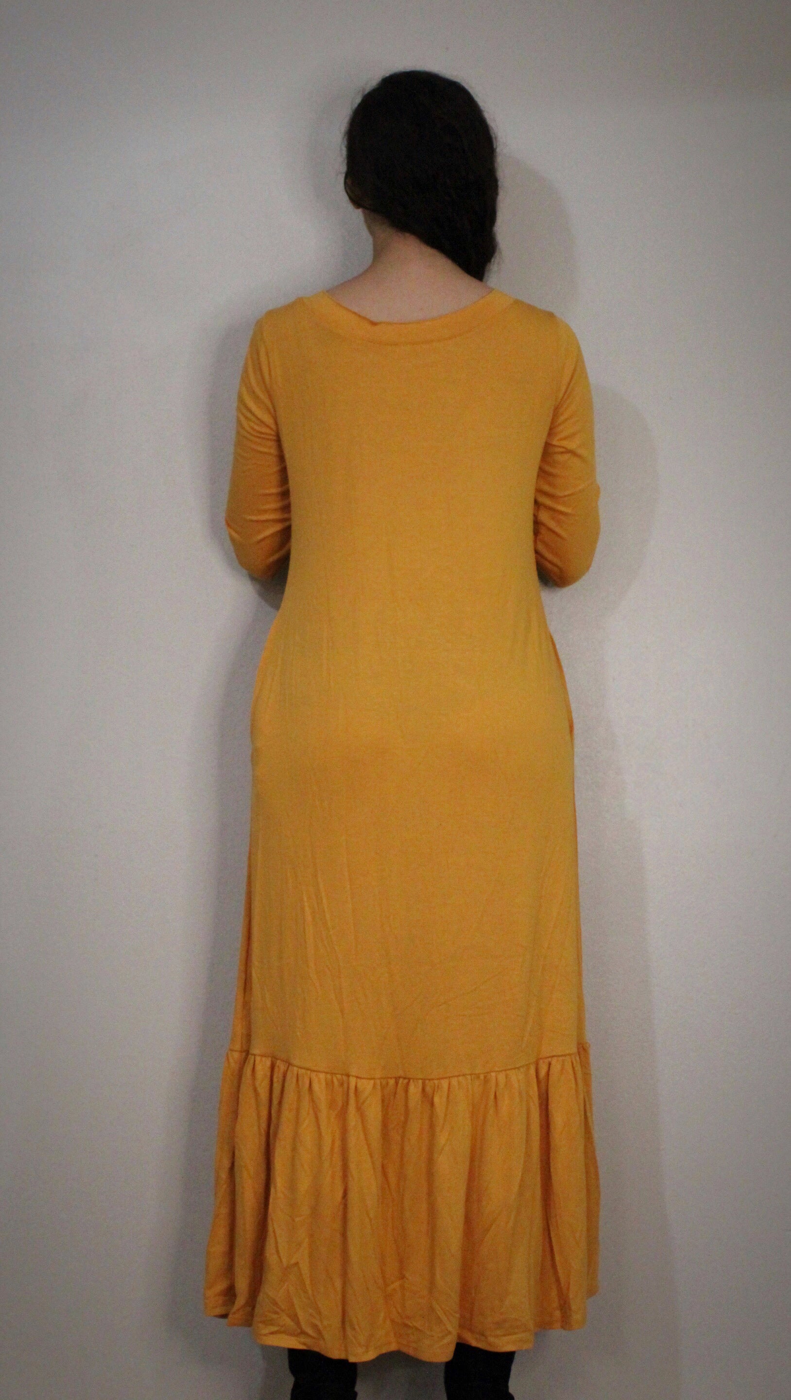 'Keeping it Cozy' Ruffle Hem Maxi Dress - BLACK + MUSTARD
