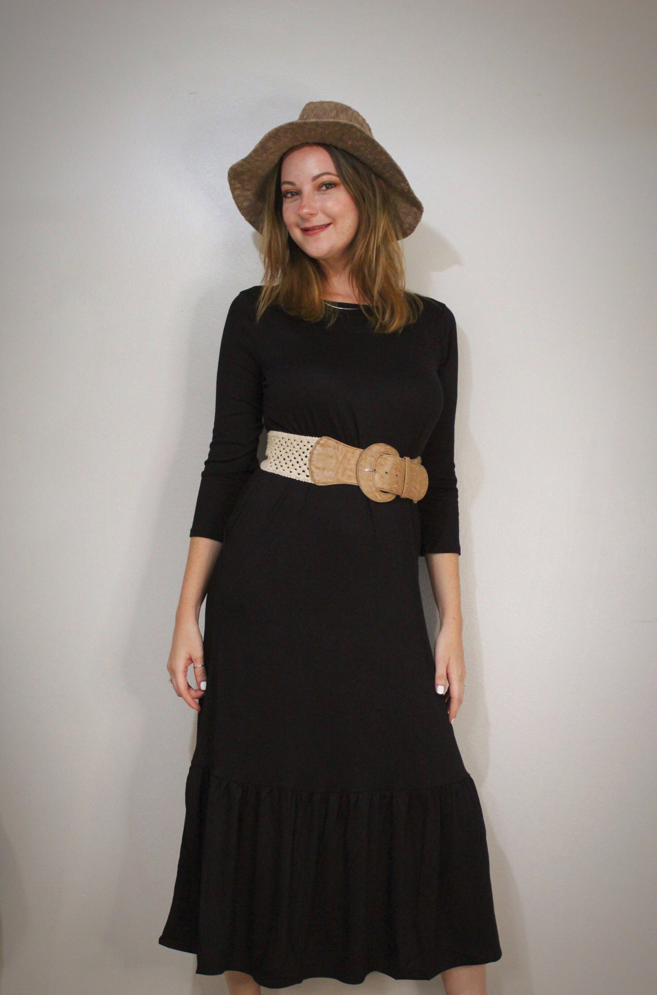 'Keeping it Cozy' Ruffle Hem Maxi Dress - BLACK + MUSTARD