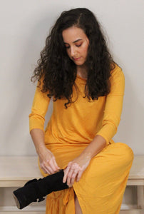 'Keeping it Cozy' Ruffle Hem Maxi Dress - BLACK + MUSTARD