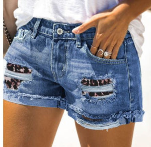 Leopard Patchwork Denim Shorts