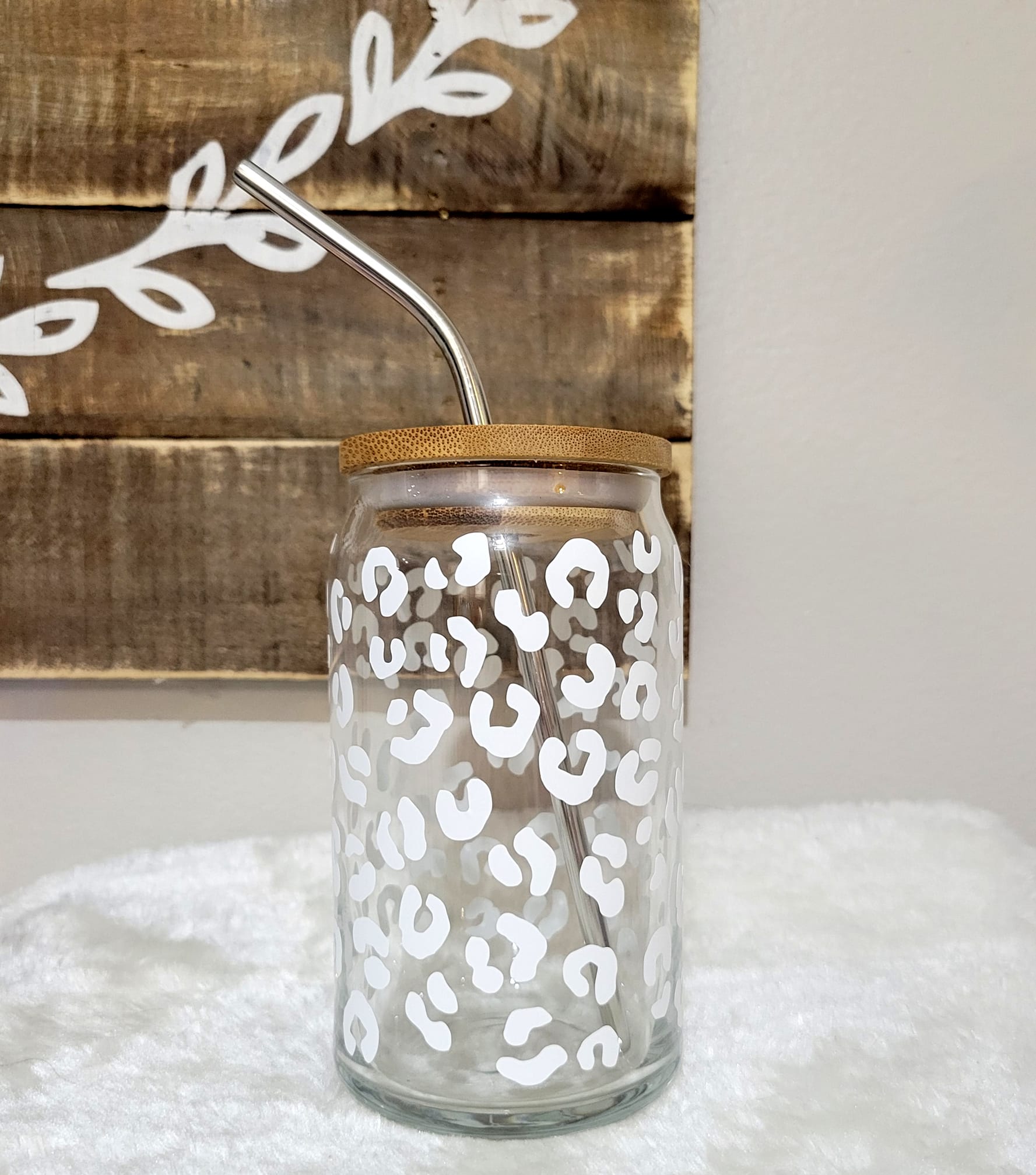Matte White Leopard Print 16 oz Glass