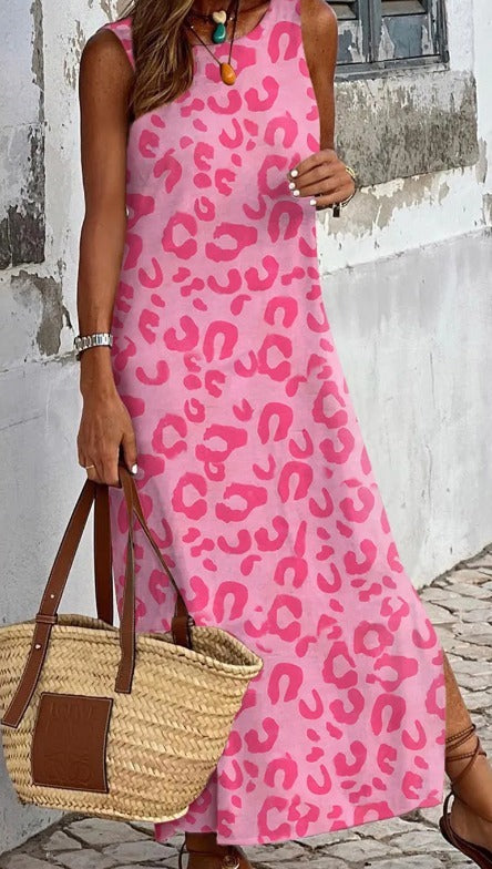 Pink Sleeveless Leopard Print Maxi Dress Presale
