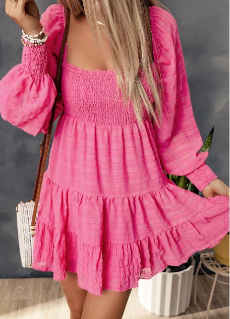 Pink Square Neck Ruffle Tier Dress Presale