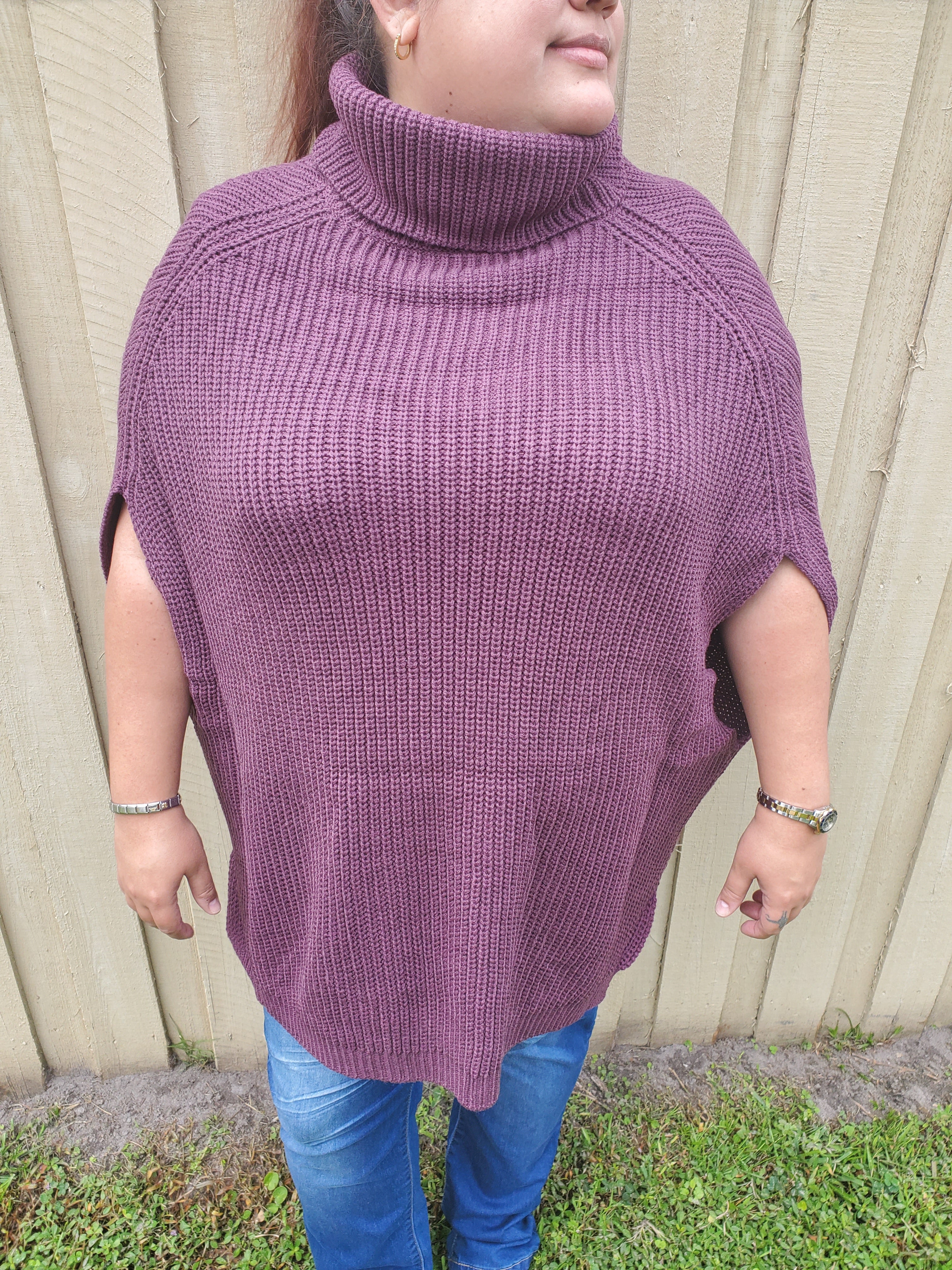 Plus Size Turtle Neck Poncho Sweater - Purple