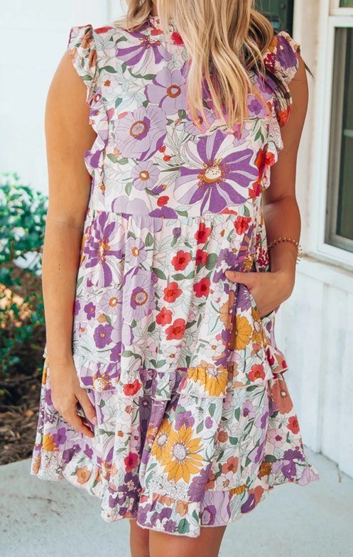 Purple Floral Ruffle Dress